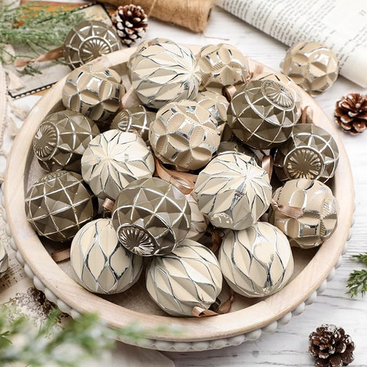 Syhood 24 Pcs Neutral Textured Christmas Ball Ornaments 2.4 Inch Vintage Xmas Tree Decorations Rustic Distressed Xmas Baubles Antique Farmhouse Modern Christmas Decor for Tree Home (Brown)