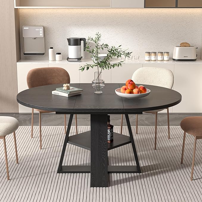 43.3in-59in Extendable Round Dining Table for 4-8,Modern Kitchen Oval Dining Table with Removable Leaves Space Saving,Wood Base with Storage Shelf for Kitchen Living Room (Black)