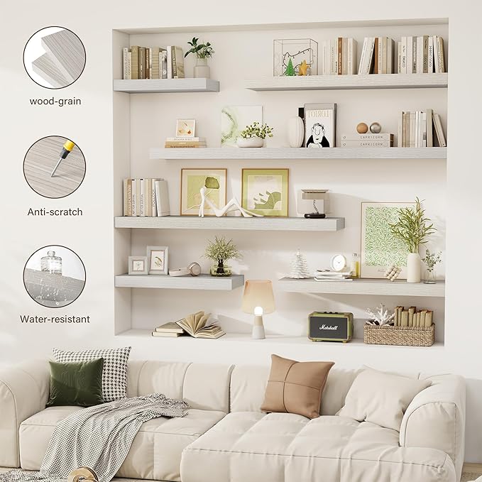 36 Inch Floating Shelves, 12" Deep Floating Shelf Wall Mounted, 36" Wall Shelves, Rustic Deep Bookshelf, Extra Deeper & Thicker Display Shelves for Bedroom, Living Room, Gray, Set of 2