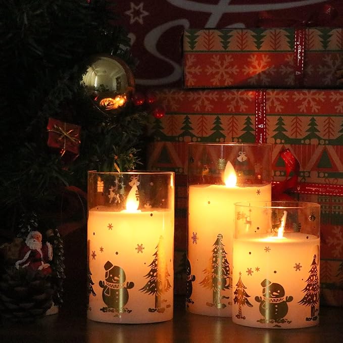 DRomance Christmas Battery Operated Flameless Candles Flickering Remote and Timer Glass LED Pillar Candles Moving Wick Real Wax Gold Snowman Christmas Tree Decals Holiday Decor D3 x H4, 5", 6"