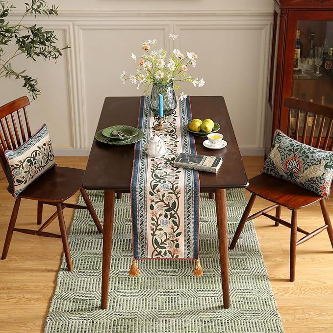 ISAENNE Designer Vintage Elegant Linen Extra Long Table Runner 118 Inches,Colorful Flower Pattern Soft Table Runners for Dining Tables,Thanksgiving,Kitchen Tables,Christmas,12"*118"-Naples C