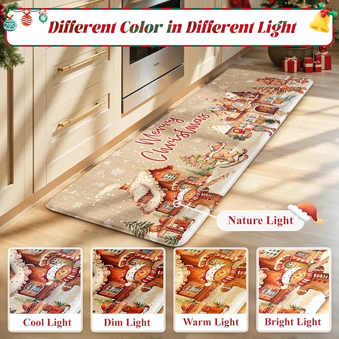 Merry Christmas Kitchen Mats for Floor, Xmas Gingerbread House Cushioned Anti Fatigue Kitchen Rugs 2 Piece, Non Slip Comfort Standing Rug Waterproof Sink Mat for Desk Laundry Office, Light Khaki