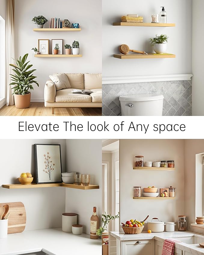 BAYKA Floating Shelves, 22.5 inch Rustic Wood Wall Mounted Shelves Bathroom, Bedroom, Living Room, Kitchen, Hanging Shelf for Books/Storage/Decor (Oak-Toned,Set of 2)