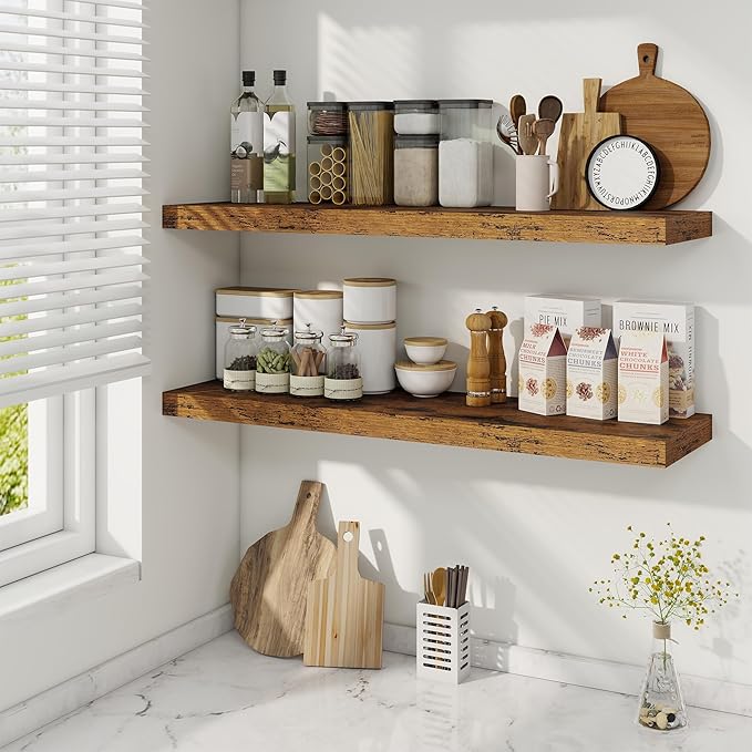36 Inch Floating Shelves, 9.3 Inch Deep Rustic Wall Shelves - Extra Deeper Wall Mounted Storage Shelves for Bathroom, Kitchen, Living Room (Brown, Set of 2)