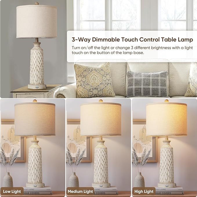 QiMH Table Lamp for Living Room with USB A+C Ports, Farmhouse Bedside Lamps for Bedroom Set of 2, Touch Control 3-Way Dimmable, 26" Modern Off-White Resin Nightstand Lamp, Included 2700K LED Bulbs