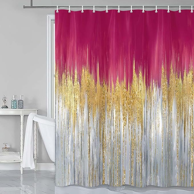 JAWO Pink Abstract Shower Curtain Set - Premium Quality Heavy Pink Gold Modern Farmhouse Vintage Shower Curtain Bohemian Bathroom Decor, Waterproof & Washable Curtains with Hooks