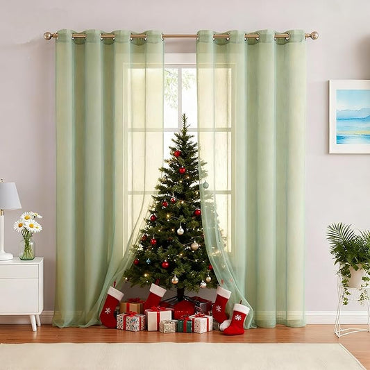 Green Linen Sheer Curtain Panel Pairs with Grommets/Eyelets Rustic Window Drape Treament Decoration for Living Room Bedroom Farmhouse, 54x63 Inch, 2 Panels, Sage
