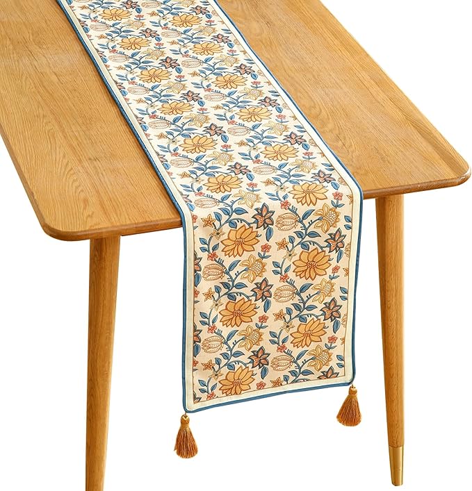 ISAENNE Designer Bohemian Elegant Linen Table Runner 87 Inches Long,Floral Pattern Duable Decor Table Runners for Dining Tables,Thanksgiving,Kitchen Tables,Christmas,12"*87"-Estevan B