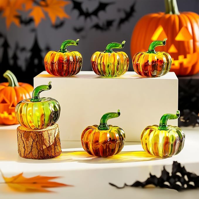 H&D HYALINE & DORA 6 Pcs Blown Glass Pumpkin Figurines Crystal Halloween Pumpkin Paperweight for Home Fall Harvest Thanksgiving Halloween Decor