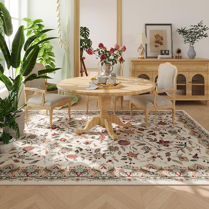 Rugcomf Vintage Paisley Rugs for Living Room 5'x7' - Machine Washable Area Rug, Non-Slip Low Pile Floral Carpet for Bedroom, Dining Room, Farmhouse, Office, Kids Playroom - Beige