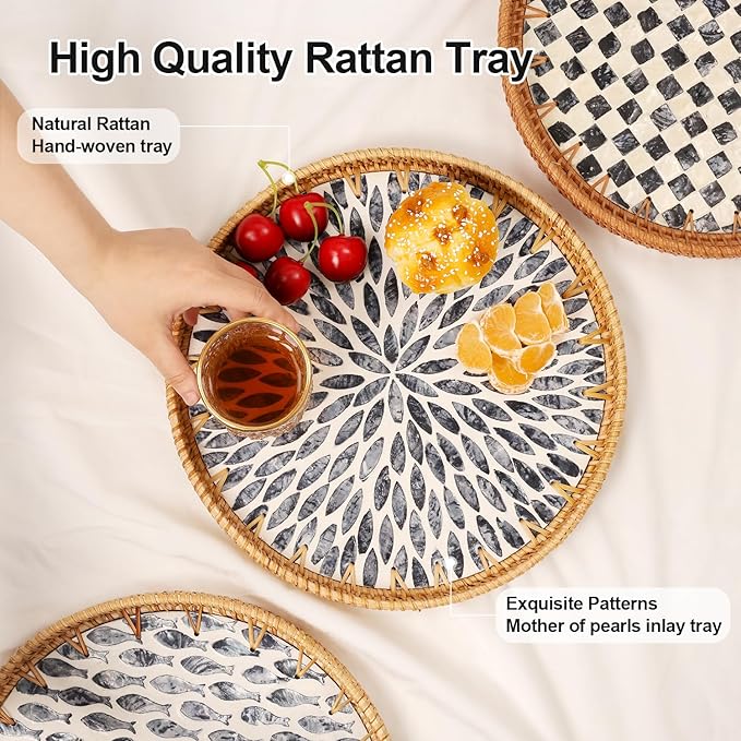 Round Rattan Tray with Mother of Pearl Inlay, Rattan Serving Tray for Coffee, Bread, Fruits, Decorative Wicker Tray for Table Decor, Home Decor, Kitchen Island Decor (Dark Blue Leaf, 11.8")