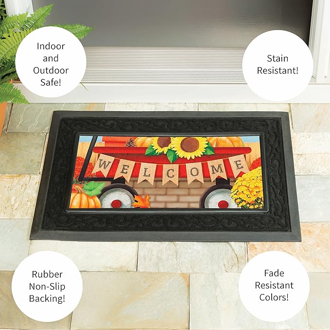 Evergreen Sassafras Fall Christmas Holiday Doormat Insert Bundle & Tray Set of 5, Interchangeable Entrance Door mats Indoor and Outdoor Welcome Mat 30 x 18 Tray Non Slip Backing Low Profile