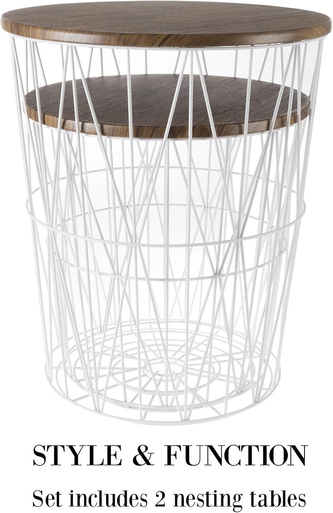 End Tables Set of 2 - Nesting Tables with Removable Wood Tops and Metal Wire Baskets for Blanket Storage - Round Side Furniture for Living Room, Bedroom, or Home Office by Lavish Home (Brown/White)
