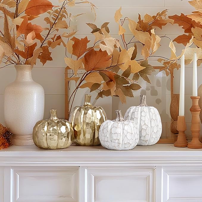 AELS 5.9" Tall Modern Pumpkins Fall Decor Indoor, Set of 2 Elegant Tabletop Decorations, Resin Artificial Pumpkins Decor for Fall Table Runner, Office, Holiday Party Home, Golden