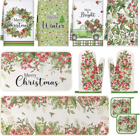10 Pcs Christmas Kitchen Decor Set Kitchen Towels and Rugs Oven Mitts Pot Holders Absorbent Towels for Baking Cooking BBQ Gifts Home Decor(Green,Green Leaf Wreath)