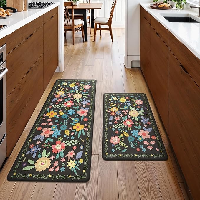 GENIMO Kitchen Mats for Floor 2PCS, Cushioned Kitchen Rugs Non Slip Washable, Farmhouse Anti Fatigue Mat Waterproof, Comfort Standing Mat Rug for Office, Home, Laundry, Sink, 20"x48"+20"x32", Black