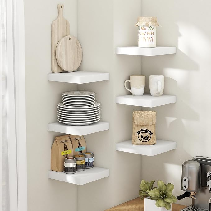 Floating Shelves for Wall with Invisible Brackets, Wall Mounted Engineered Wood Shelves with Wood Grain for Living Room, Bedroom, Bathroom, Kitchen Decor and Storage, Oak, 8"L Set of 3, White