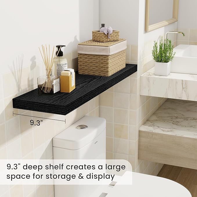 36 Inch Floating Shelves, 9.3 Inch Deep Rustic Wall Shelves - Extra Deeper Wall Mounted Storage Shelves for Bathroom, Kitchen, Living Room (Black, Set of 2)