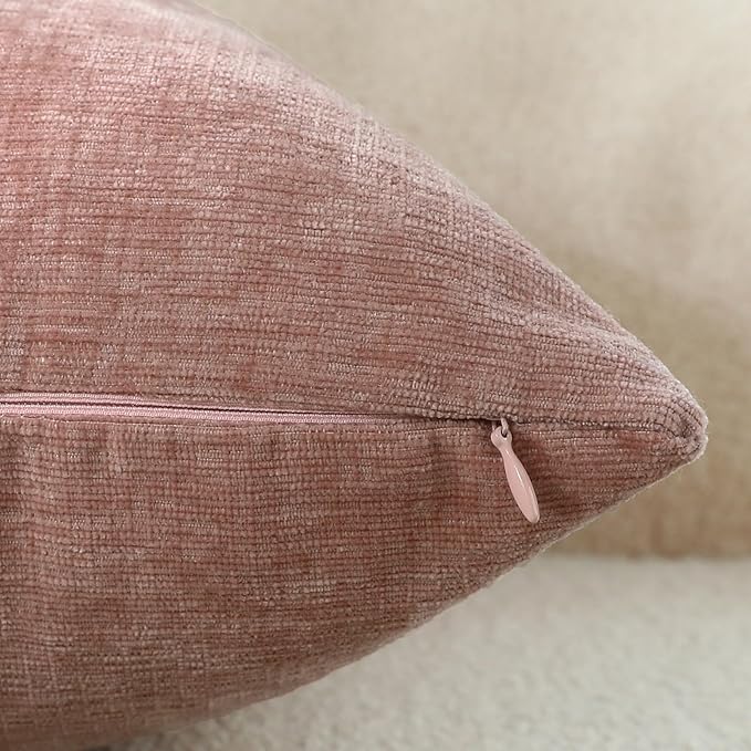 Blush Pink Chenille Decorative Couch Throw Pillow Covers, Soft Cushion Cases for Home Livingroom Sofa Décor, Pack of 2, 18 x 18 Inches