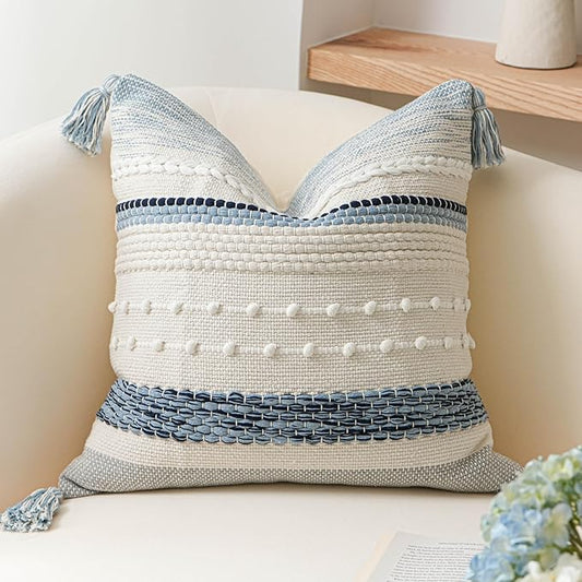 BlissBlush Coastal Blue Boho Decorative Throw Pillow Cover 18x18 Modern Bohemian Accent Pillow Case Square Woven Textured Farmhouse Pillows for Couch Bed (Pack of 1)