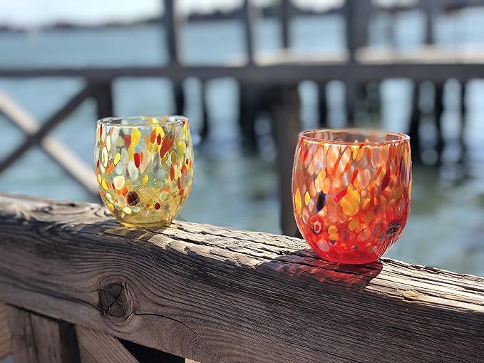 MAZZEGA ART & DESIGN - Set of 6 Handcrafted Blown Glass Water Glasses with Refined and Original Murano Murrine - The Colors of Murano - 'Classic 9,8 oz' Model. Made in Italy (6, Red)