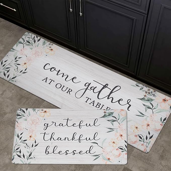FRESHMINT Anti Fatigue Kitchen Mats for Floor 2 Piece Set Waterproof & Non-Skid Traditional Farmhouse Kitchen Rugs Standing Cushion Comfort Kitchen Runner,17x30+17x47