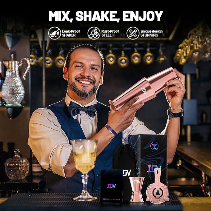 IOV Boston Cocktail Shaker Bar Set, Bartender Kit Drink Mixer Set with 18 oz & 28 oz Boston Shakers, Hawthorne Strainer, Double Jigger, Bar Tool Kit and Recipe Booklet - Rose Gold