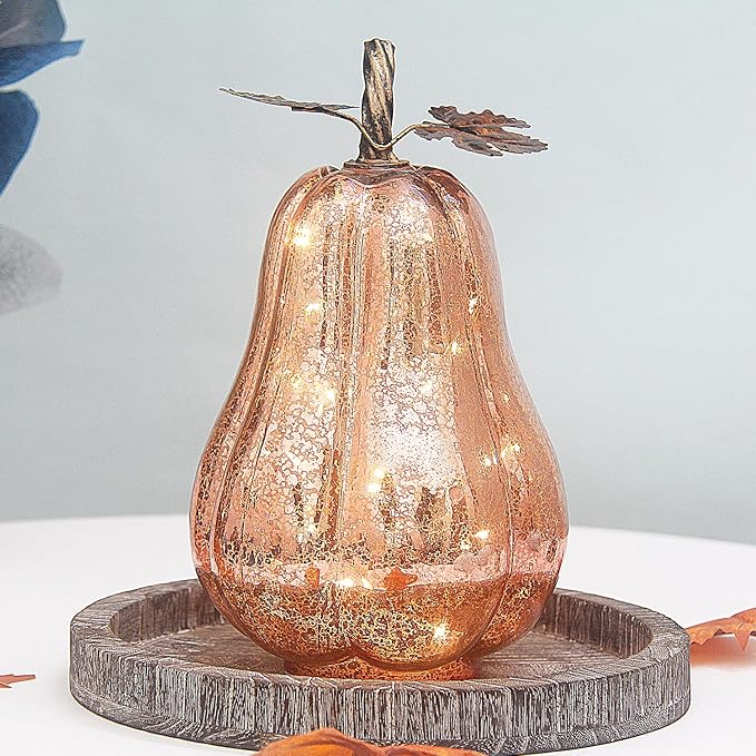 Mercury Glass Pumpkin Lights with Timer, Battery Operated Led Pumpkin Lights for Halloween Fall,Thanksgiving Rustic Decor (Rosegold Leafy, 11")