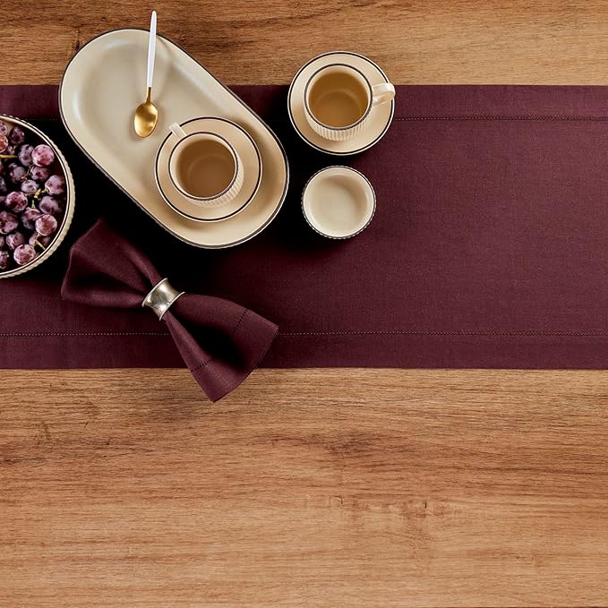 Solino Home Linen Burgundy Table Runner 72 Inches Long - 100% Pure Linen Hemstitch Table Runner 14 x 72 Inch for Dresser, Dining, Fall, Autumn, Halloween, Thanksgiving, Christmas - Classic Hemstitch