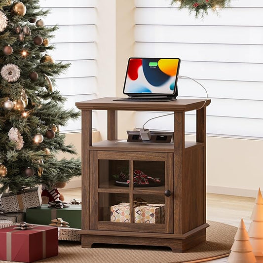 HIFYOBRO 18'' End Table with Charging Station, Adjustable Shelf & Storage, Modern Farmhouse Nightstand for Bedroom, Living Room, Office