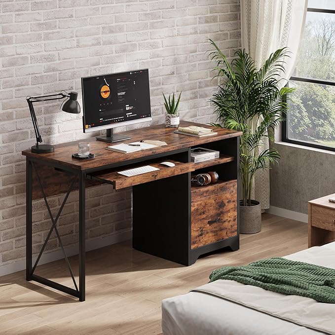 Bestier 47" Computer Desk with Drawers, Small Home Office Desk with Drawer, Reversible Industrial Office Desk with Storage & Keyboard Tray for Small Space Home Office & Studio, Rustic Brown
