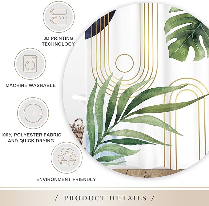 Glawry Boho Blue Green Shower Curtain Mid Century Abstract Tropical Palm Leaf Modern Minimalist Plant Botanical Bathroom Geometric 60Wx72L Inches Bath Accessories Art Home Decor Fabric 12 Pack Hooks