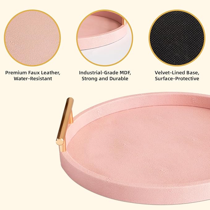 Modern Decorative Tray, Set of 2 Round Shagreen Serving Tray with Gold Polished Metal Handles, Coffee Table Ottoman Trays Perfume Trays Living Room Bathroom Home Decor (Pink)