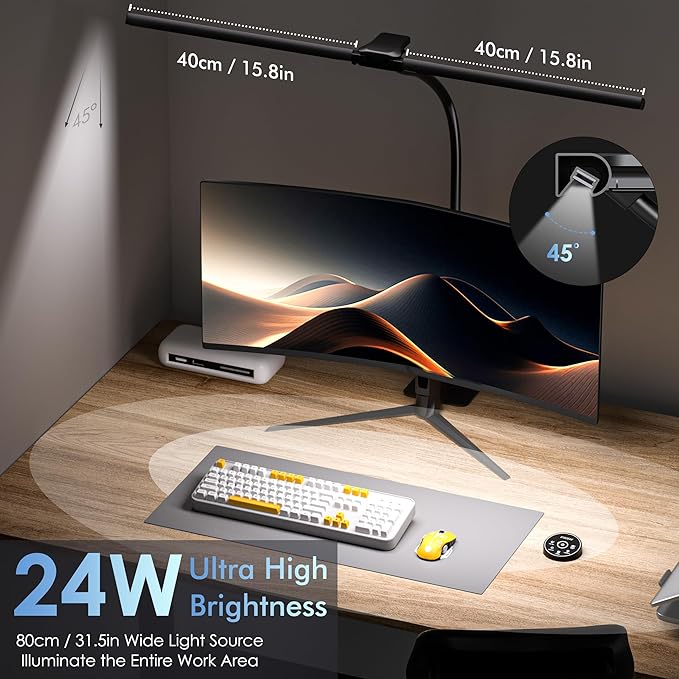 Desk Lamp with Metal Base, 31.5" LED Desk Lamp for Home Office, 24W Double Head Desk Light, Dimmable & Color Temperature, Table Lamp with Remote Control, Brightest Computer Monitor Light