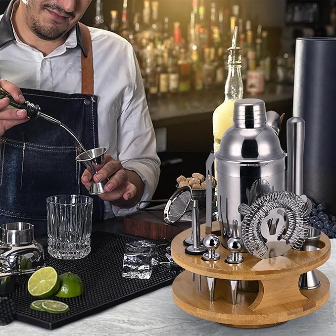 Cocktail Shaker Set 12-Piece, 25 OZ Food Grade Stainless Steel Cocktail Shaker Mixology Bartender Kit with Rotating Stand, Bar Set Essential for Beginners and Professionals at Home or Parties
