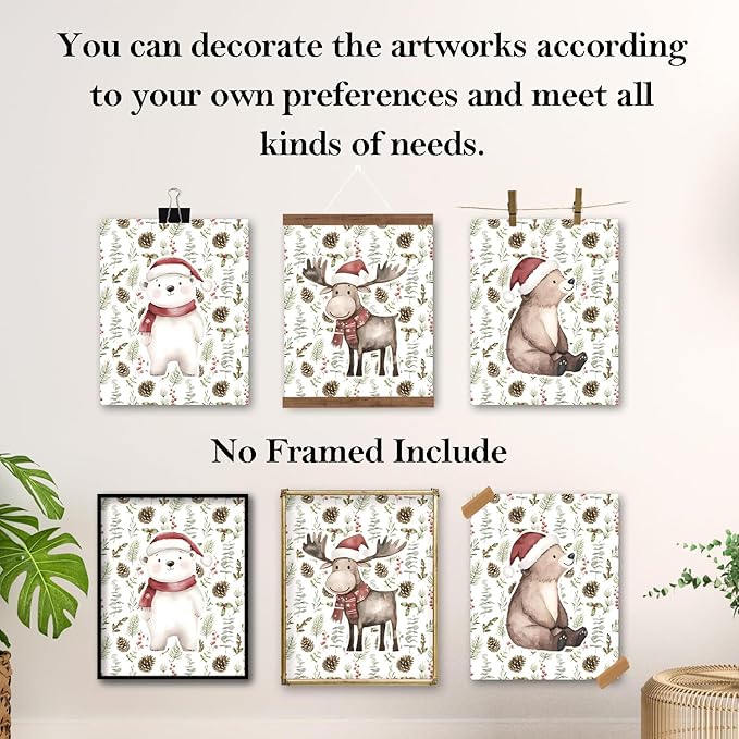 TFKFJLF Cute Christmas Animal Wall Art Poster Decor for Kids, Christmas Bear Painting Pictures Wall Decor, Winter Holidays Decorations for Nursery Bedroom Living Room, Unframed 8x10in Set of 4