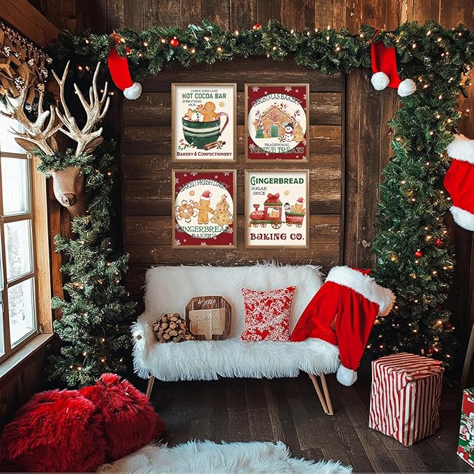 ETVISO Gingerbread Christmas Decorations, Gingerbread Christmas Wall Art Prints Set of 4, Winter Holiday Baking Lover Gifts Home Decor, Xmas Bakery Hot Cocoa Porch Wall Decor, 8x10 (Unframed)