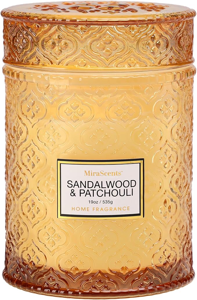 Sandalwood & Patchouli Scented Candles, 19oz Luxury Gifts for Women, Orange Decorative Glass Candles, Natural Soy Wax for Home Fragrance