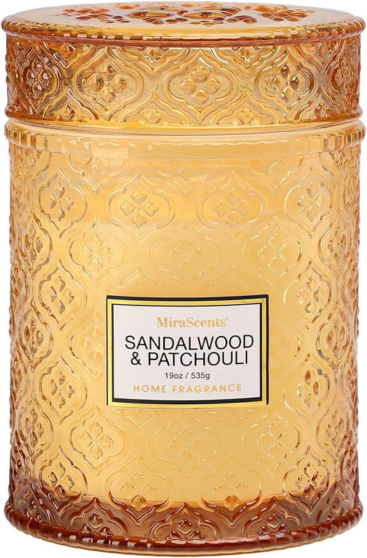 Sandalwood & Patchouli Scented Candles, 19oz Luxury Gifts for Women, Orange Decorative Glass Candles, Natural Soy Wax for Home Fragrance