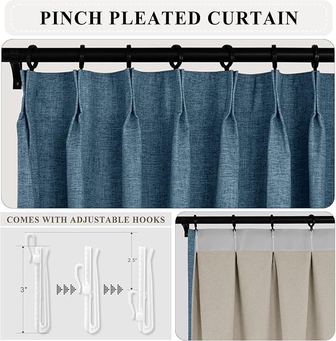 Macochico Pinch Pleated 100% Blackout Linen Curtains 120 Inch Width by 84 Inch Length, Thermal Window Drapery for Living Room Bedroom Nursery Farmhouse, Purplish Blue Drapes with Tieback 1 Panel