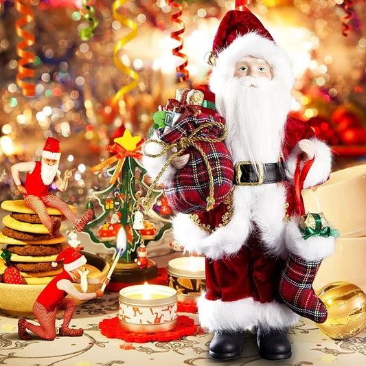 Uten 12" Santa Claus Decorations, Christmas Standing Figurine Ornaments with Gifts Bag and Socks for New Year Christmas Decoration Navidad Natal Gifts.