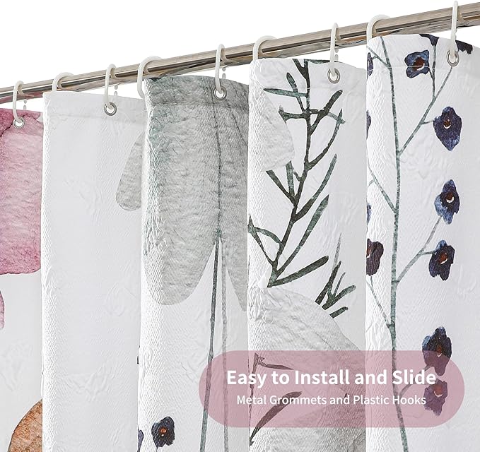 QiyI Floral Shower Curtain, 3D Embossed Butterflies Watercolor Wildflower Bathroom Curtain, Minimalist White Cloth Bath Curtains, Waterproof Fabric Textured Shower Curtain Set with Hooks, 72x72