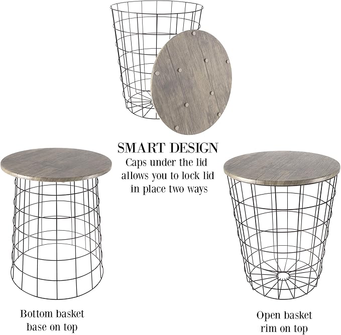 End Tables Set of 2 - Nesting Tables with Removable Wood Tops and Metal Basket Bases for Blanket Storage - Round Side Furniture for Living Room, Bedroom, or Home Office by Lavish Home (Gray/Black)