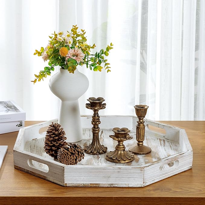 MyGift 20 Inch Shabby White Washed Solid Wood Decorative Octagon Shaped Tray, Wooden Octagonal Serving Platter with 4 Cutout Handles, Table Centerpiece Home Decor