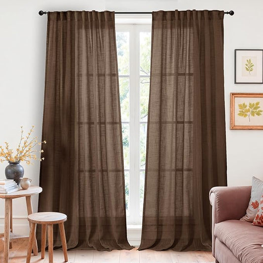 YoungsTex Linen Semi Sheer Curtains 90 Inches Long for Living Room - Chocolate Brown Light Filtering Drapes Textured with Rod Pocket Back Tab for Dining Bedroom, 2 Panels, 52 X 90 Inch