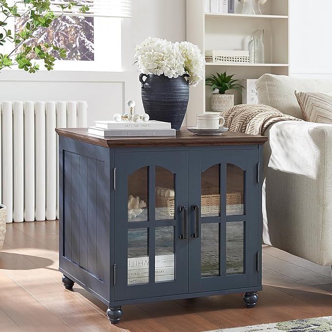 Farmhouse 24" End Table Set of 2 with Charging Station, Large Sofa Side Table with Glass Barn Door,Wood Night Stand with Adjustable Storage Shelf,Square Bedside Table for Living Room,Bedroom