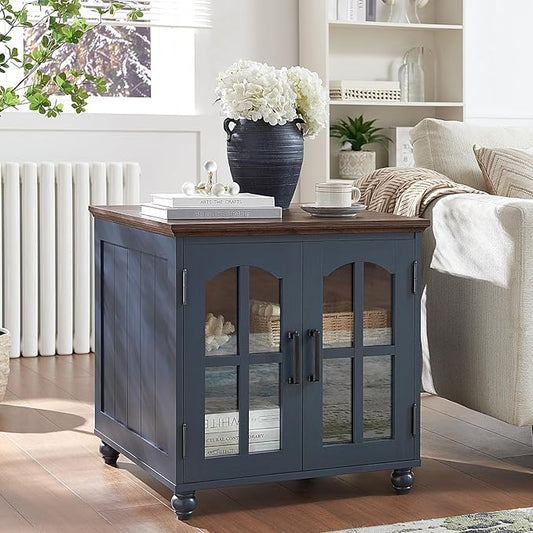Farmhouse End Table with Charging Station,24" Large Sofa Side Table with Glass Barn Door,Rustic Wood Night Stand with Adjustable Storage Shelf,Square Bedside Table for Living Room,Bedroom Office