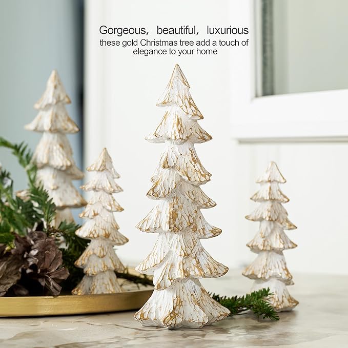 Vintage Christmas Tree Figurines White with Gold, 9.64" Tabletop Xmas Tree Ornaments Christmas Centerpieces for Mantle Desk Decor, Decorative Trees Set of 2 for Modern Farmhouse Indoor Decor
