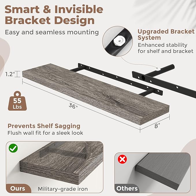 36 Inch Floating Shelves for Wall Set of 2, 8"D Wood Grain Bathroom Shelves with Invisible Brackets, Easy Install Engineered Wood Storage Shelves for Kitchen, Living Room, Bedroom, Grey Oak Finish