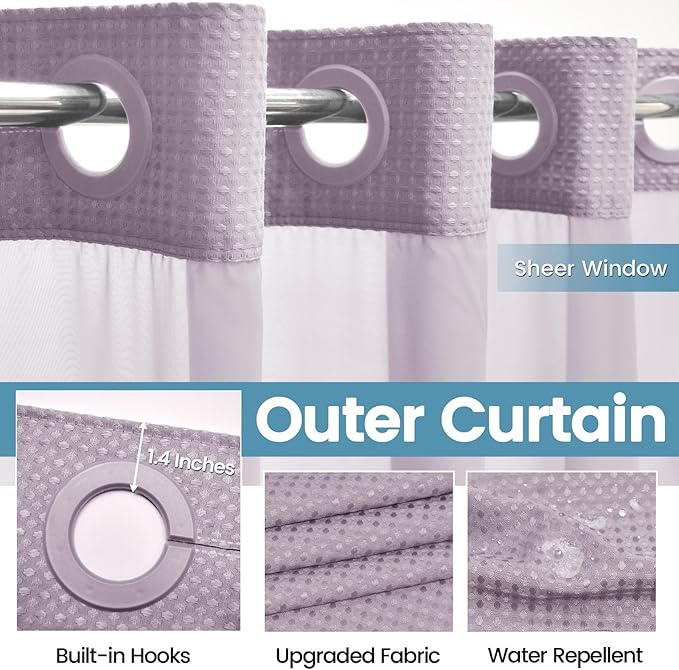 Lavender Long No Hook Shower Curtain with Snap in Liner,230GSM Waffle Weave Shower Curtains for Bathroom,71W x 86H